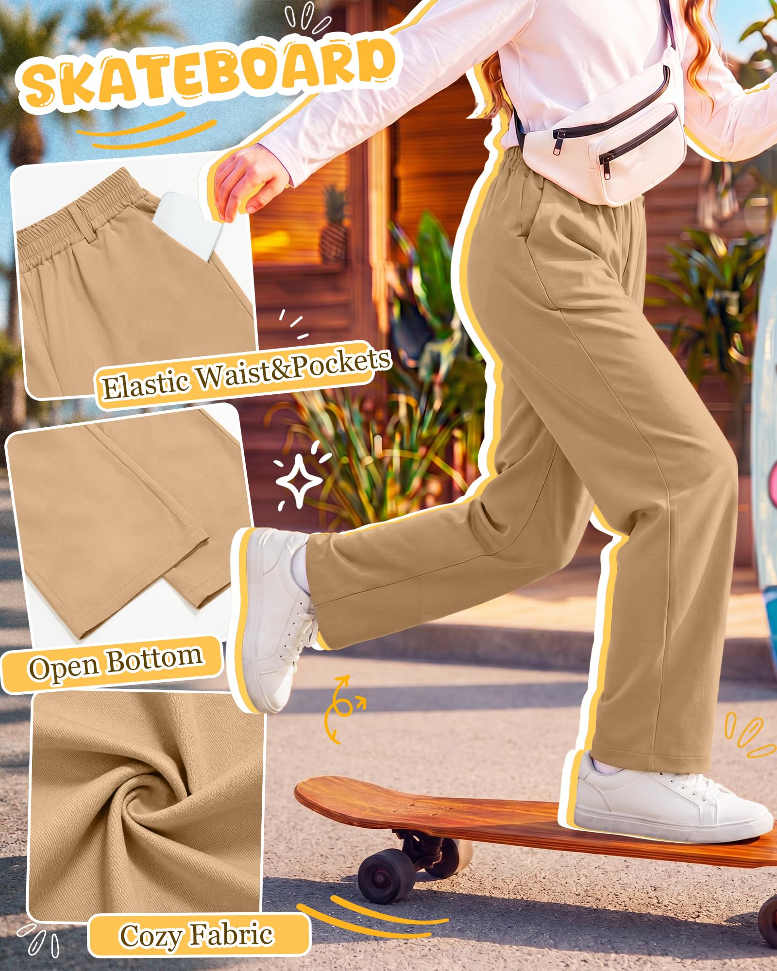 3 Pack Girls' School Uniform Pants | Kids Dress Pants, for 5-14Y Girls, Straight Fit, Elastic Waist, with Pockets, Twill Fabric, Belt Loops, Daily, School, Formal