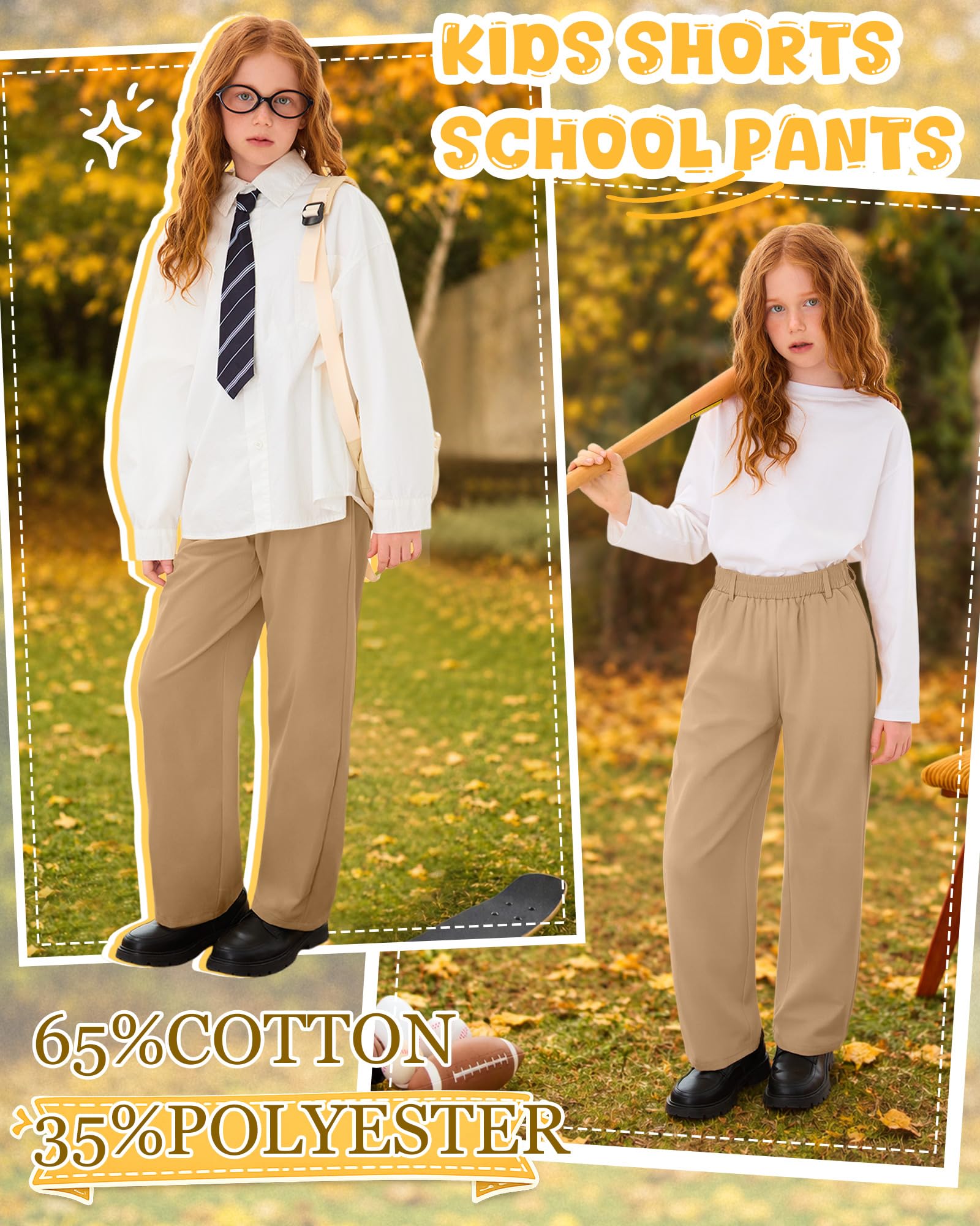 3 Pack Girls' School Uniform Pants | Kids Dress Pants, for 5-14Y Girls, Straight Fit, Elastic Waist, with Pockets, Twill Fabric, Belt Loops, Daily, School, Formal