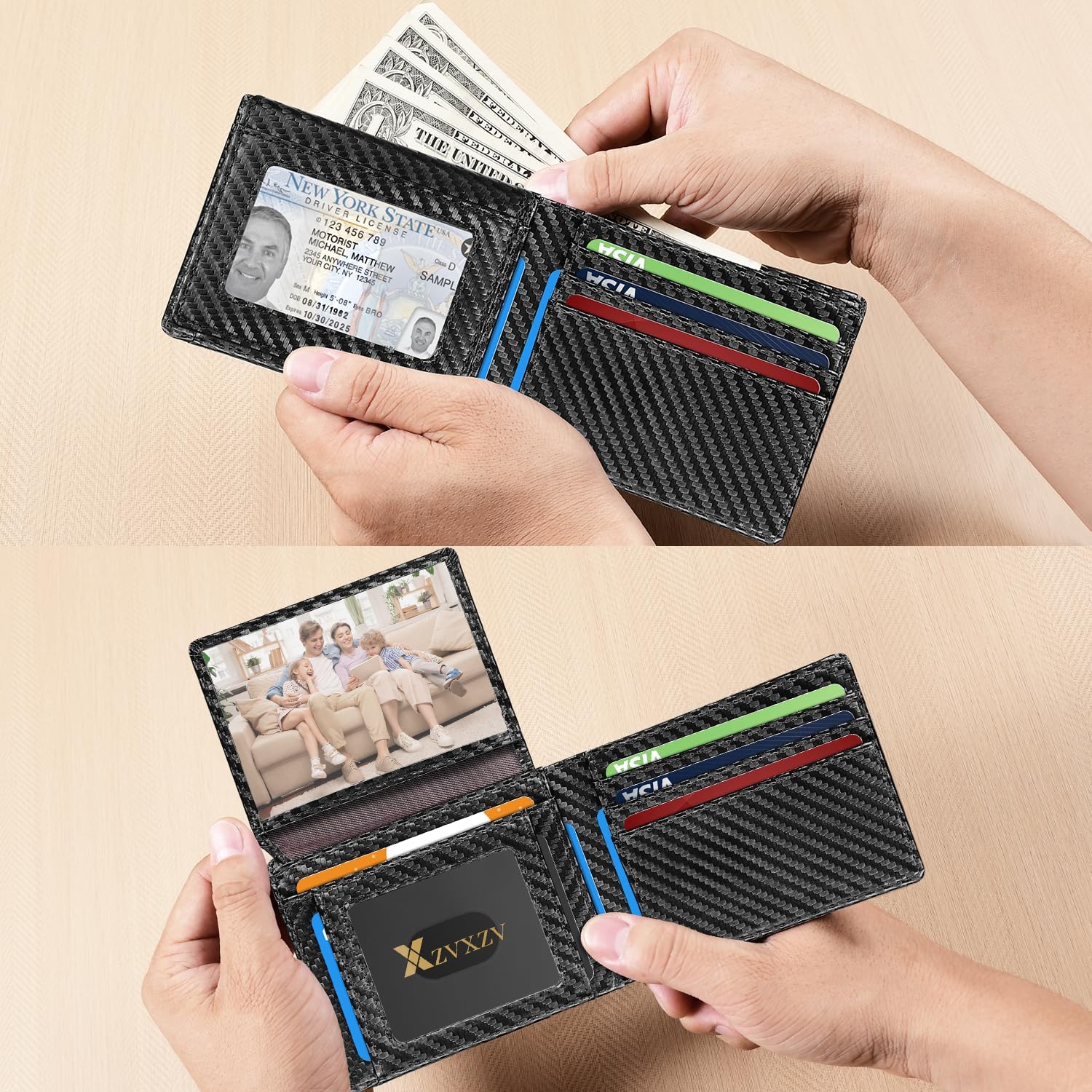 Men's Ultra Thin Wallet Leather RFID Blocking Bifold Stylish Wallet with Slim Minimalist Front Pocket 2 ID Windows (Carbon Black&Black)