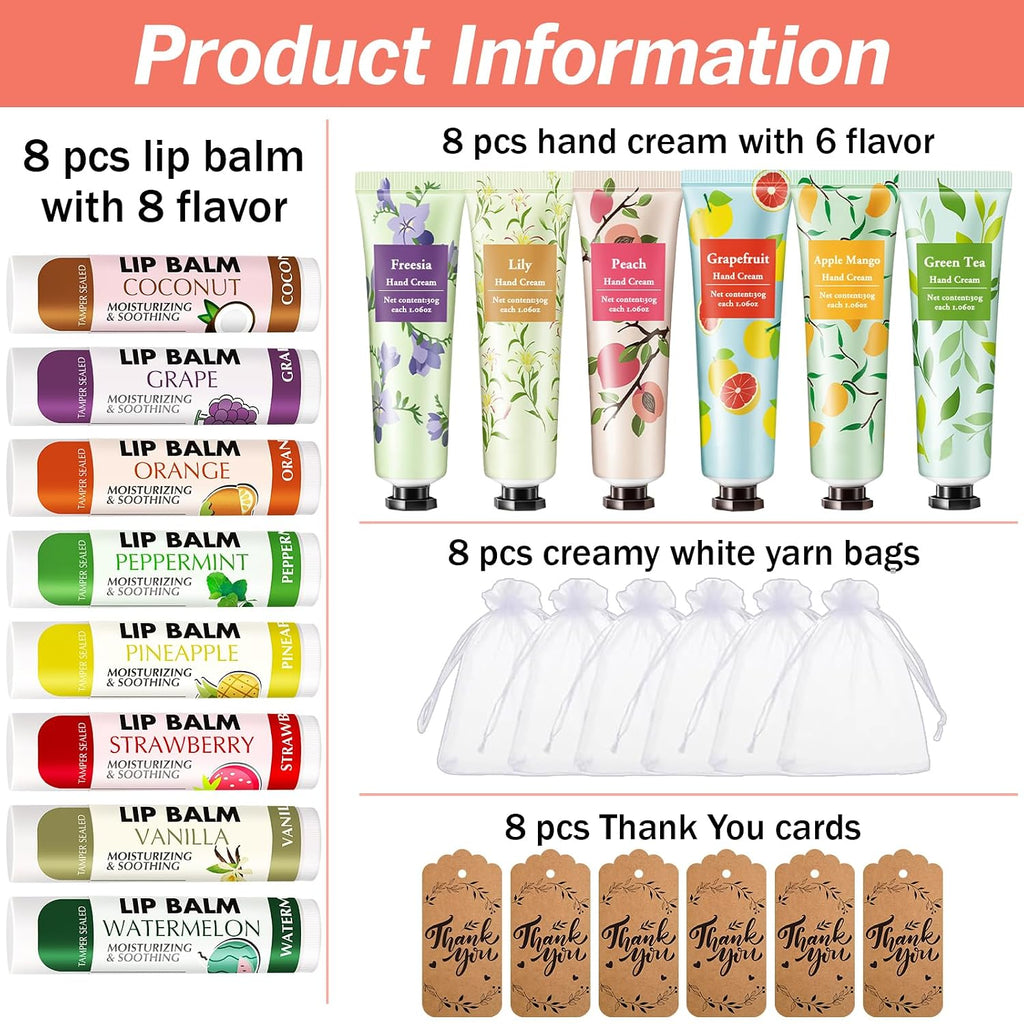 AZEN 8 Sets Bulk Gifts, Hand Cream and Lip Balm Bulk Set with Organza Bag Thank You Card, Baby Shower Wedding Gifts for Guests, Bridal Wedding Favors for Guests,Thank You Gift for Women