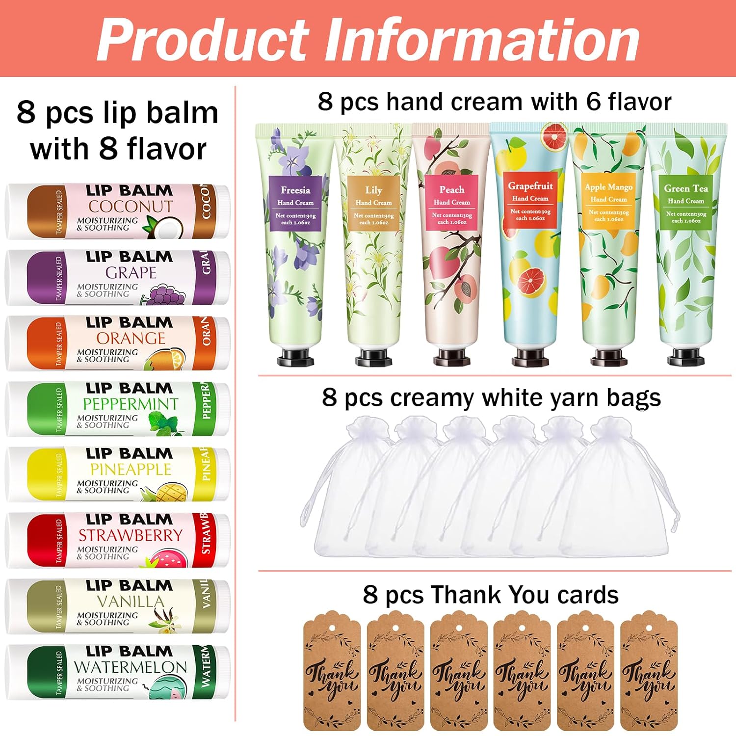 AZEN 8 Sets Bulk Gifts, Hand Cream and Lip Balm Bulk Set with Organza Bag Thank You Card, Baby Shower Wedding Gifts for Guests, Bridal Wedding Favors for Guests,Thank You Gift for Women