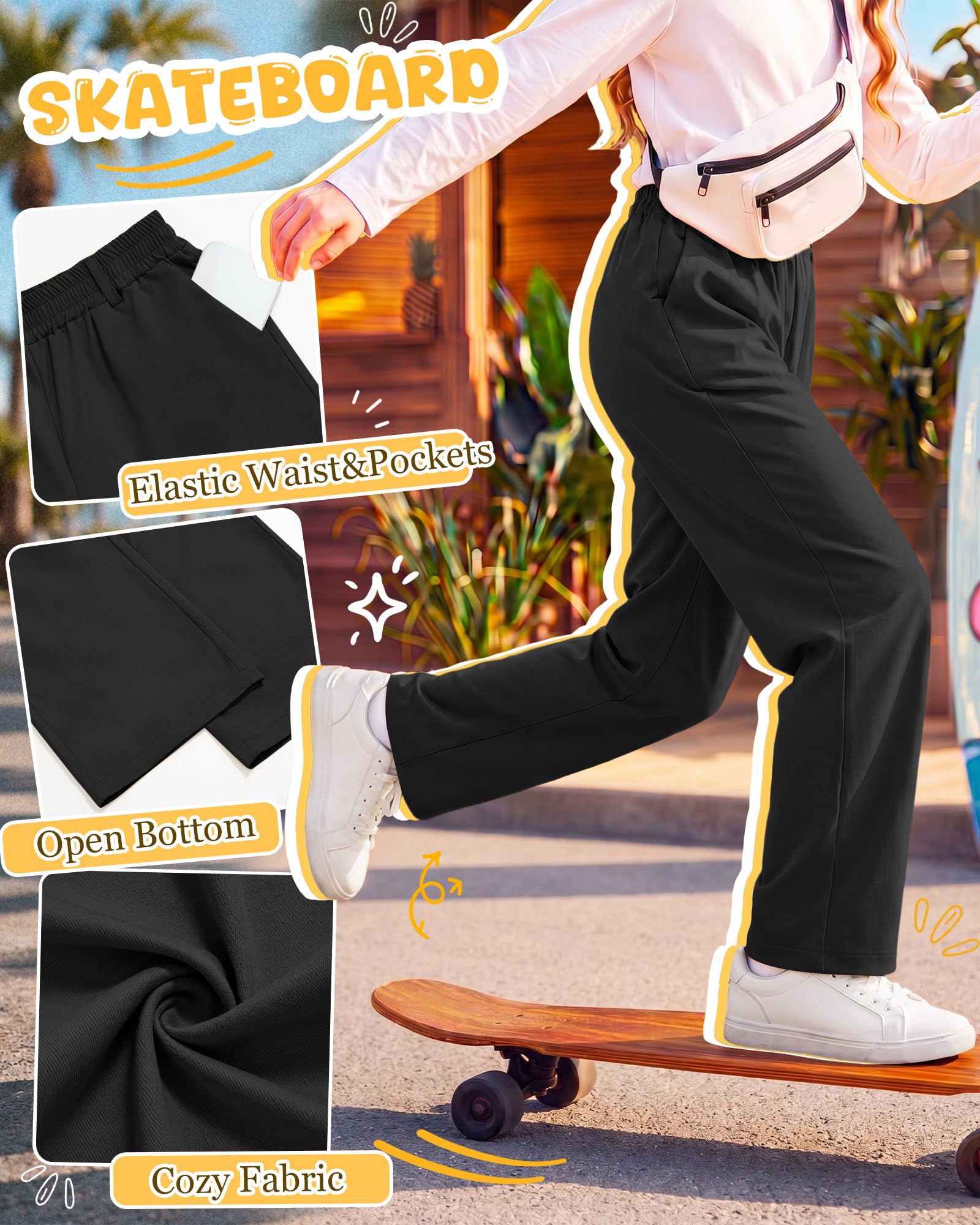 3 Pack Girls' School Uniform Pants | Kids Dress Pants, for 5-14Y Girls, Straight Fit, Elastic Waist, with Pockets, Twill Fabric, Belt Loops, Daily, School, Formal