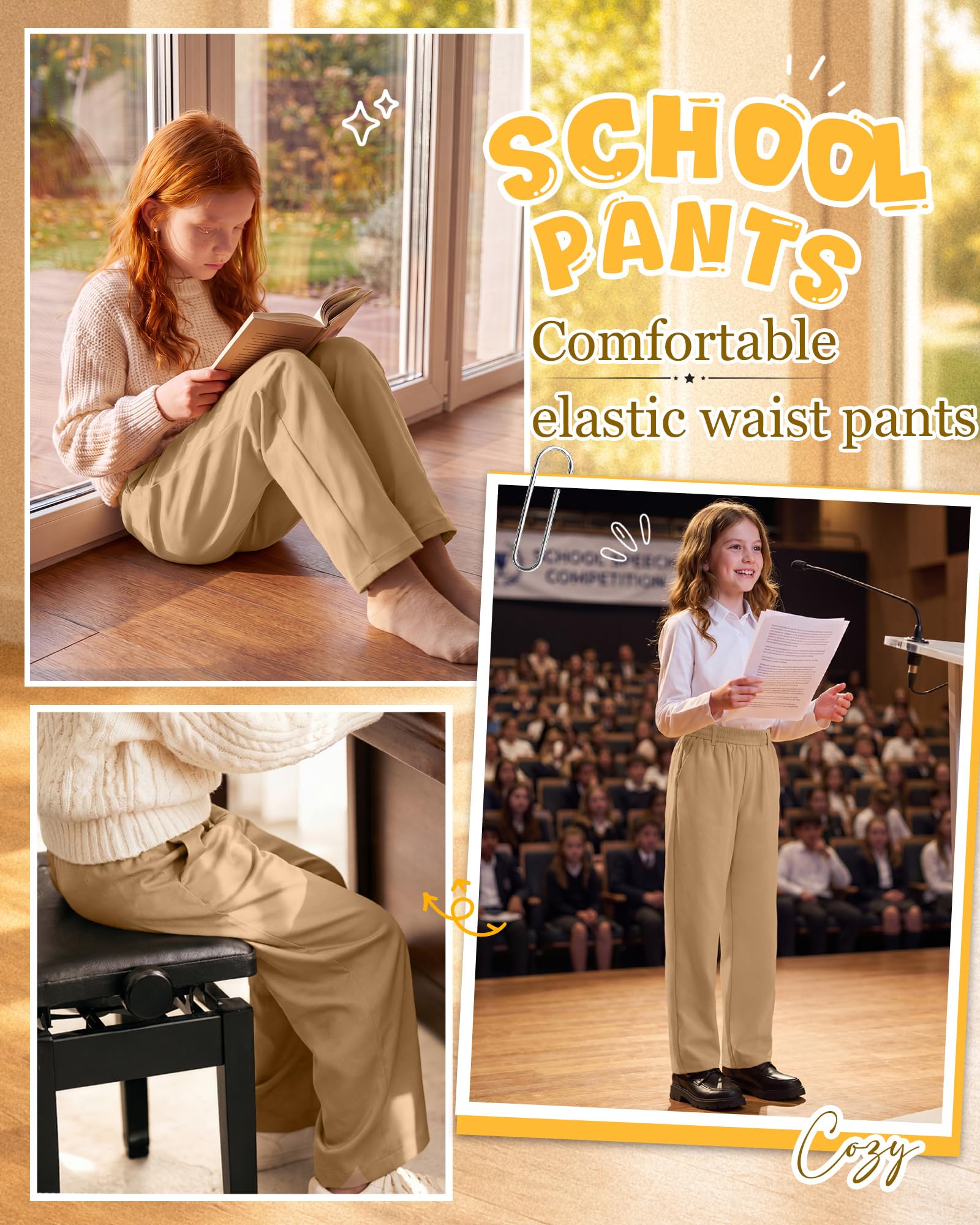 3 Pack Girls' School Uniform Pants | Kids Dress Pants, for 5-14Y Girls, Straight Fit, Elastic Waist, with Pockets, Twill Fabric, Belt Loops, Daily, School, Formal
