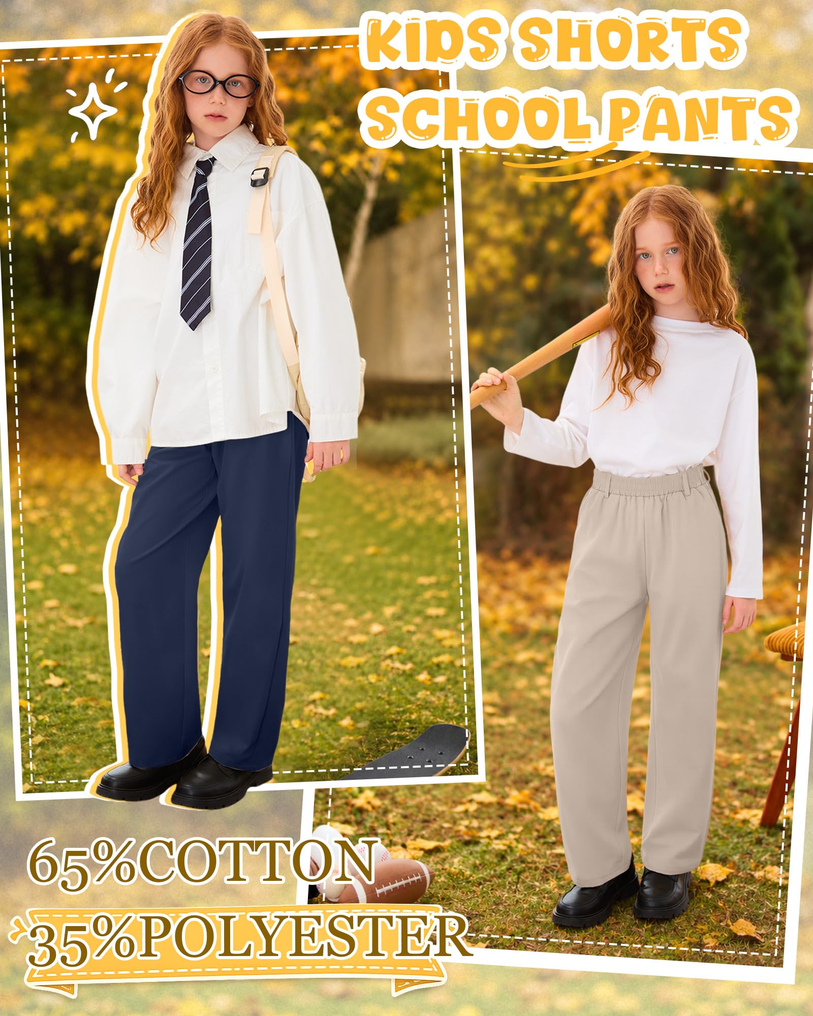 3 Pack Girls' School Uniform Pants | Kids Dress Pants, for 5-14Y Girls, Straight Fit, Elastic Waist, with Pockets, Twill Fabric, Belt Loops, Daily, School, Formal