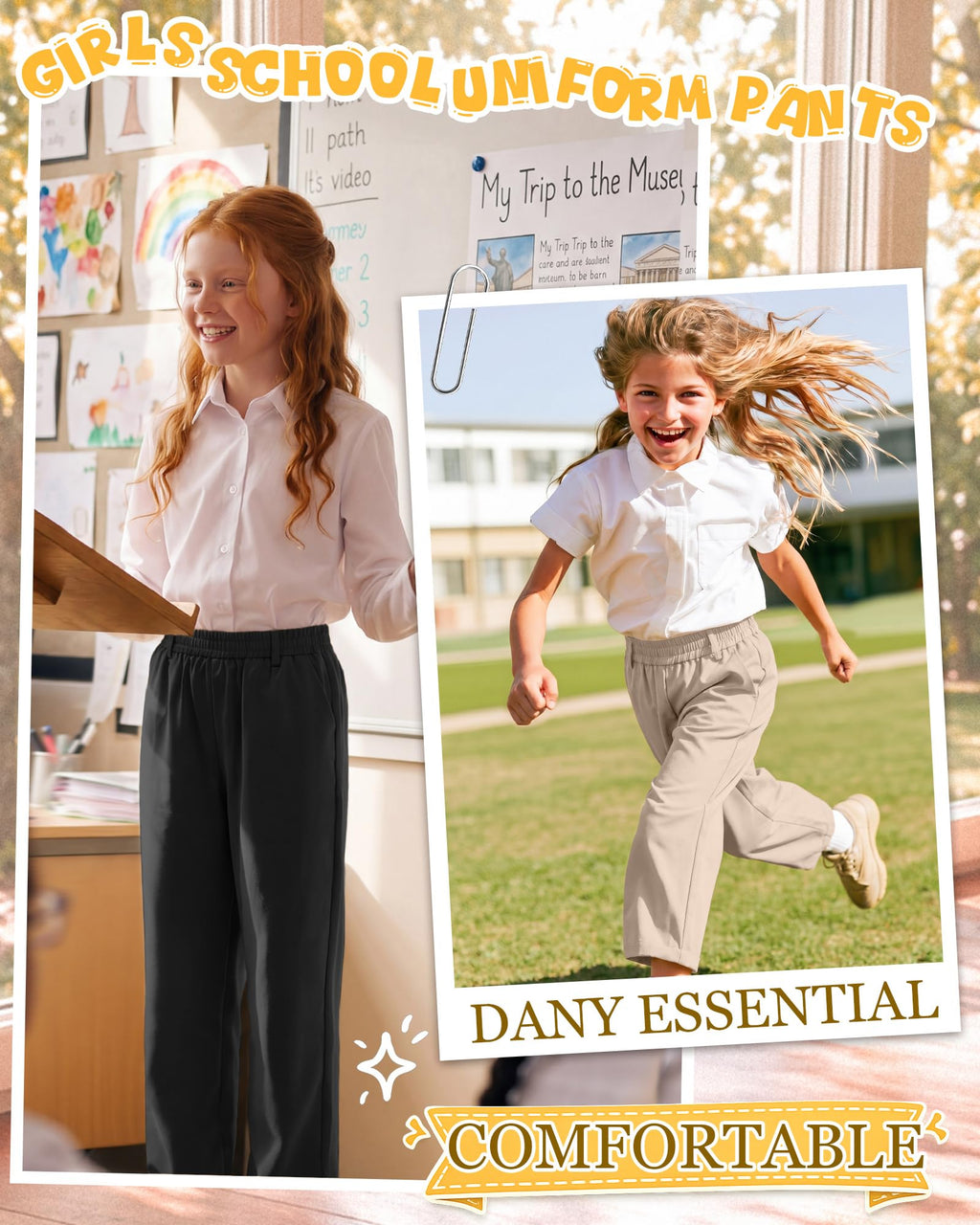 3 Pack Girls' School Uniform Pants | Kids Dress Pants, for 5-14Y Girls, Straight Fit, Elastic Waist, with Pockets, Twill Fabric, Belt Loops, Daily, School, Formal