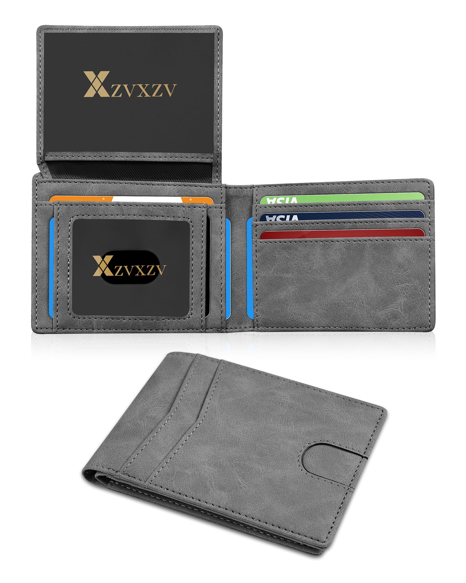 Cartera Ultrafina para Hombre, Billetera de Cuero con Bloqueo RFID, Bifold Elegante con Bolsillo Frontal Delgado Minimalista y 2 Ventanas para Identificación (Negro Carbón y Negro)
