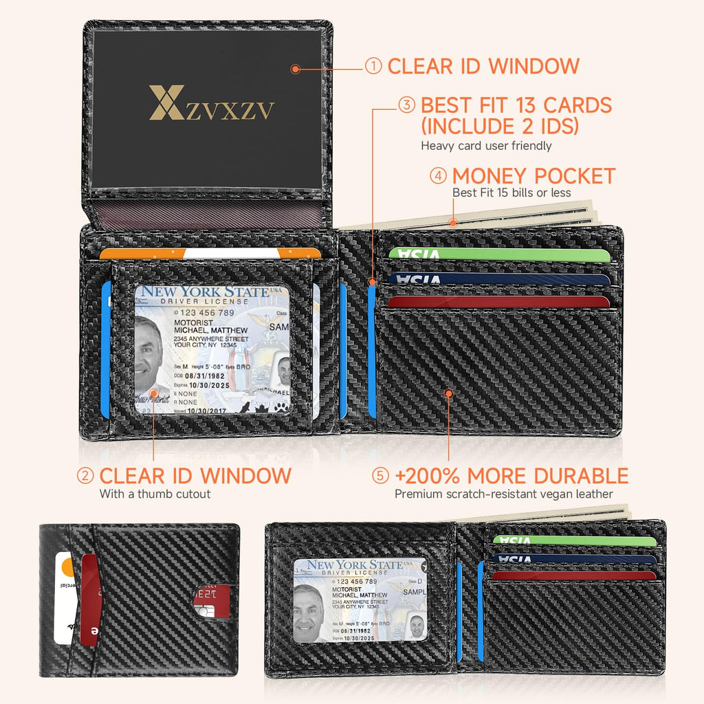 Men's Ultra Thin Wallet Leather RFID Blocking Bifold Stylish Wallet with Slim Minimalist Front Pocket 2 ID Windows (Carbon Black&Black)