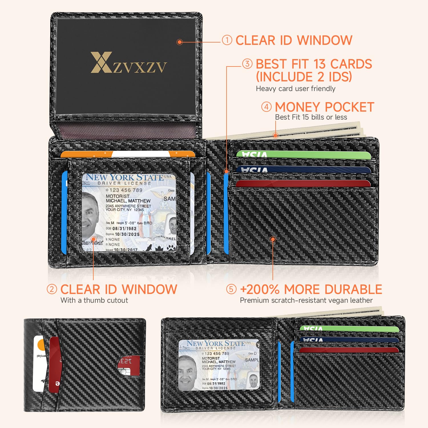 Men's Ultra Thin Wallet Leather RFID Blocking Bifold Stylish Wallet with Slim Minimalist Front Pocket 2 ID Windows (Carbon Black&Black)