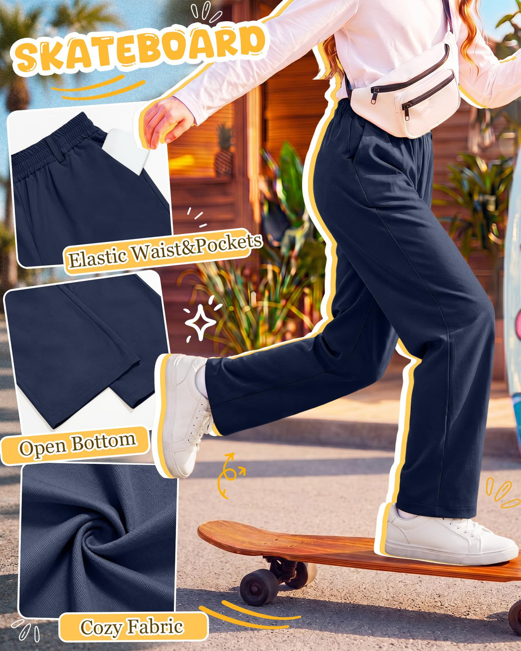3 Pack Girls' School Uniform Pants | Kids Dress Pants, for 5-14Y Girls, Straight Fit, Elastic Waist, with Pockets, Twill Fabric, Belt Loops, Daily, School, Formal