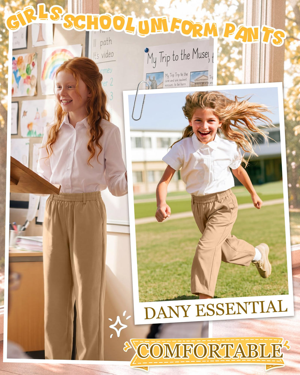 3 Pack Girls' School Uniform Pants | Kids Dress Pants, for 5-14Y Girls, Straight Fit, Elastic Waist, with Pockets, Twill Fabric, Belt Loops, Daily, School, Formal