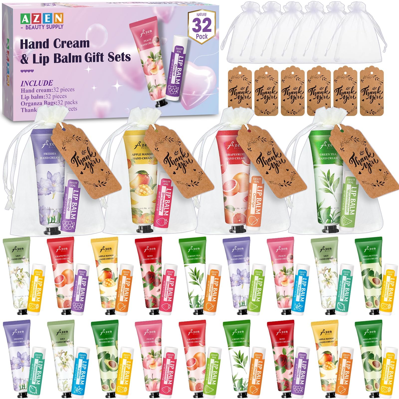 AZEN 8 Sets Bulk Gifts, Hand Cream and Lip Balm Bulk Set with Organza Bag Thank You Card, Baby Shower Wedding Gifts for Guests, Bridal Wedding Favors for Guests,Thank You Gift for Women