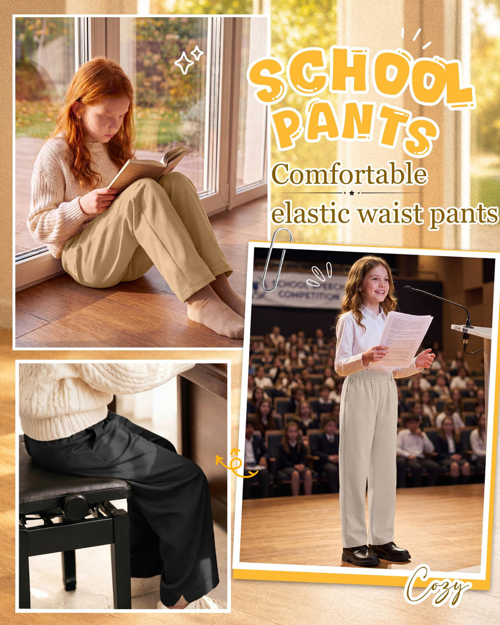 3 Pack Girls' School Uniform Pants | Kids Dress Pants, for 5-14Y Girls, Straight Fit, Elastic Waist, with Pockets, Twill Fabric, Belt Loops, Daily, School, Formal