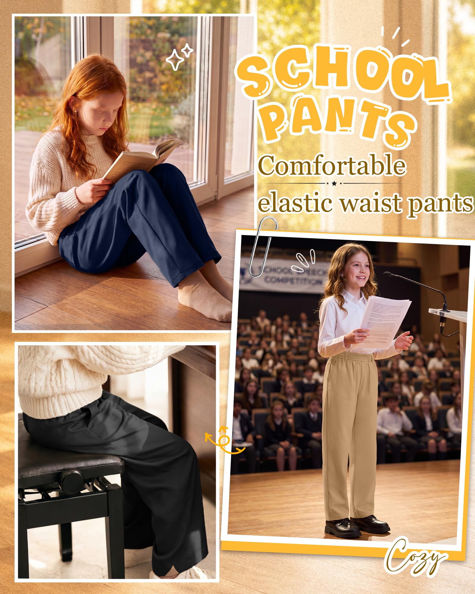 3 Pack Girls' School Uniform Pants | Kids Dress Pants, for 5-14Y Girls, Straight Fit, Elastic Waist, with Pockets, Twill Fabric, Belt Loops, Daily, School, Formal
