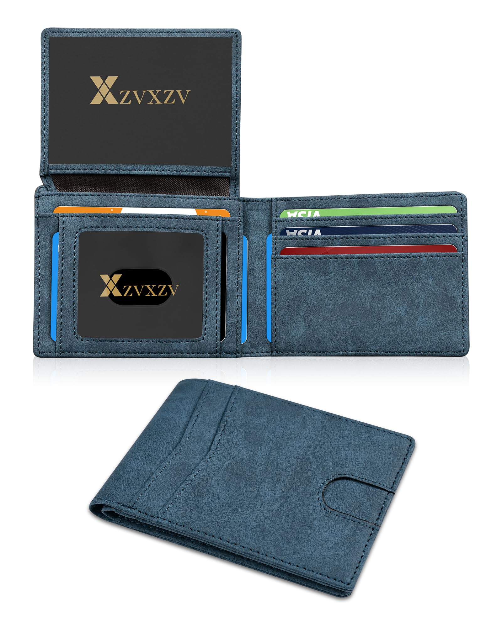 Cartera Ultrafina para Hombre, Billetera de Cuero con Bloqueo RFID, Bifold Elegante con Bolsillo Frontal Delgado Minimalista y 2 Ventanas para Identificación (Negro Carbón y Negro)