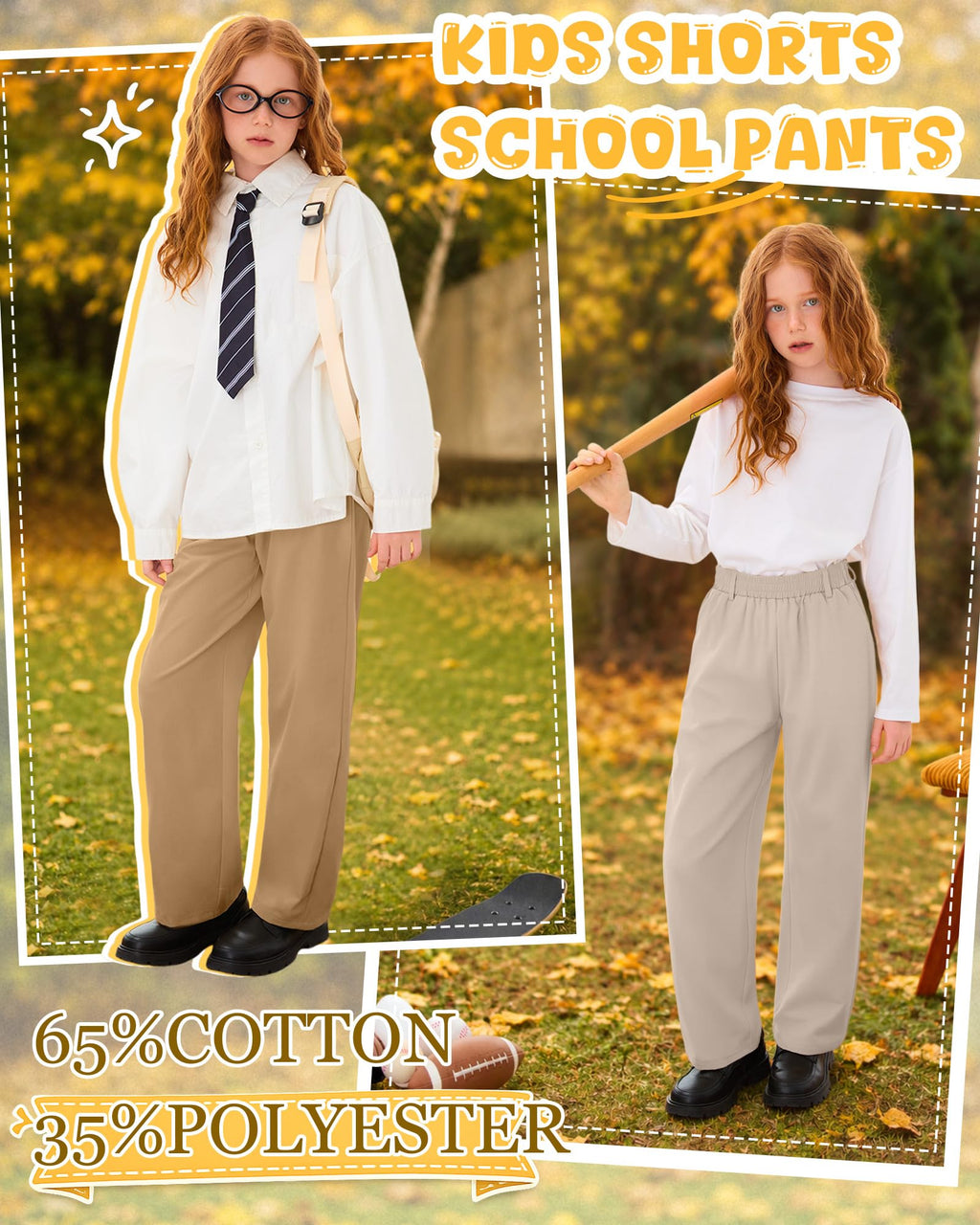 3 Pack Girls' School Uniform Pants | Kids Dress Pants, for 5-14Y Girls, Straight Fit, Elastic Waist, with Pockets, Twill Fabric, Belt Loops, Daily, School, Formal