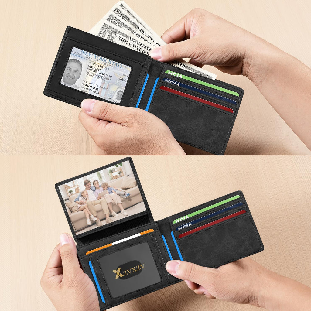 Men's Ultra Thin Wallet Leather RFID Blocking Bifold Stylish Wallet with Slim Minimalist Front Pocket 2 ID Windows (Carbon Black&Black)