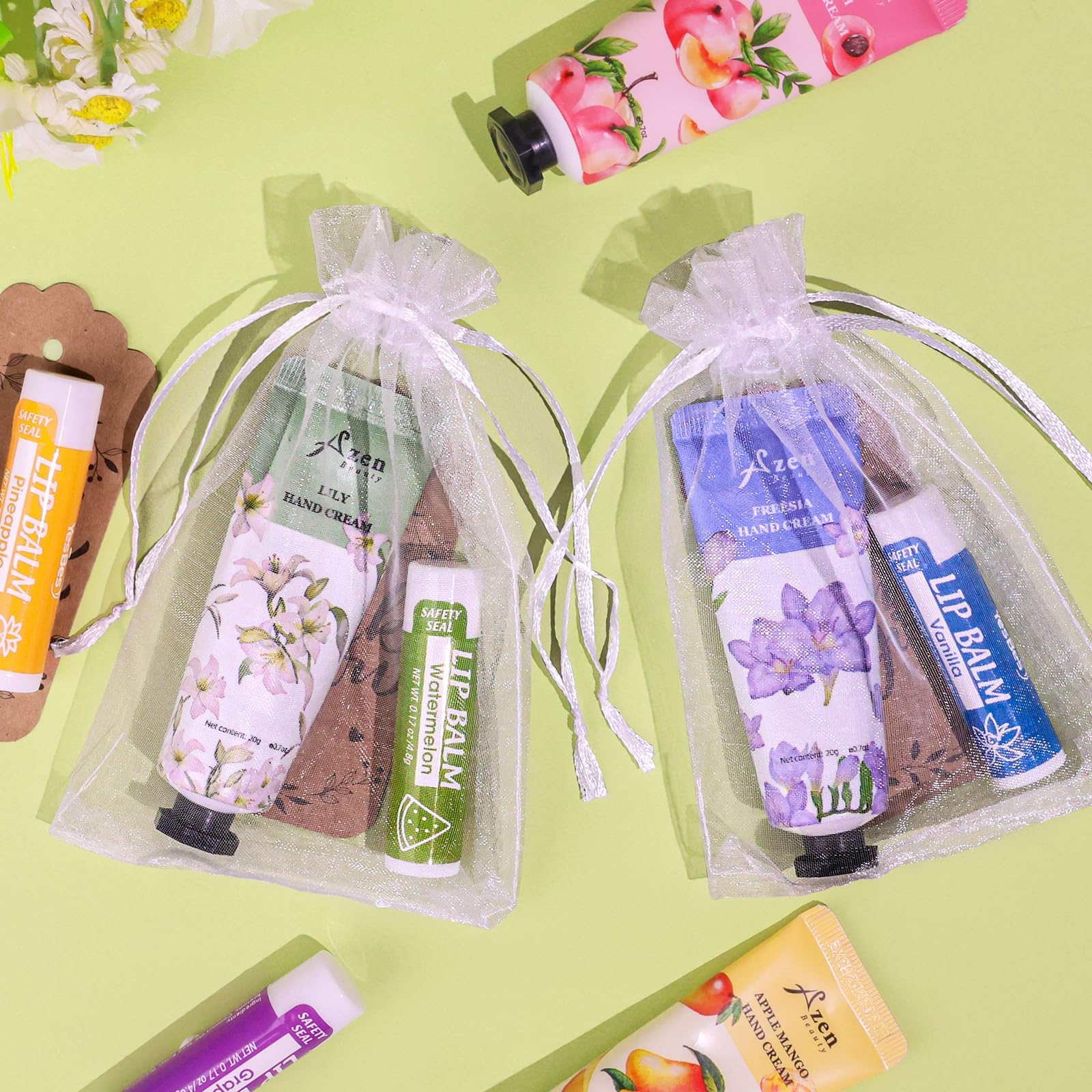 AZEN 8 Sets Bulk Gifts, Hand Cream and Lip Balm Bulk Set with Organza Bag Thank You Card, Baby Shower Wedding Gifts for Guests, Bridal Wedding Favors for Guests,Thank You Gift for Women