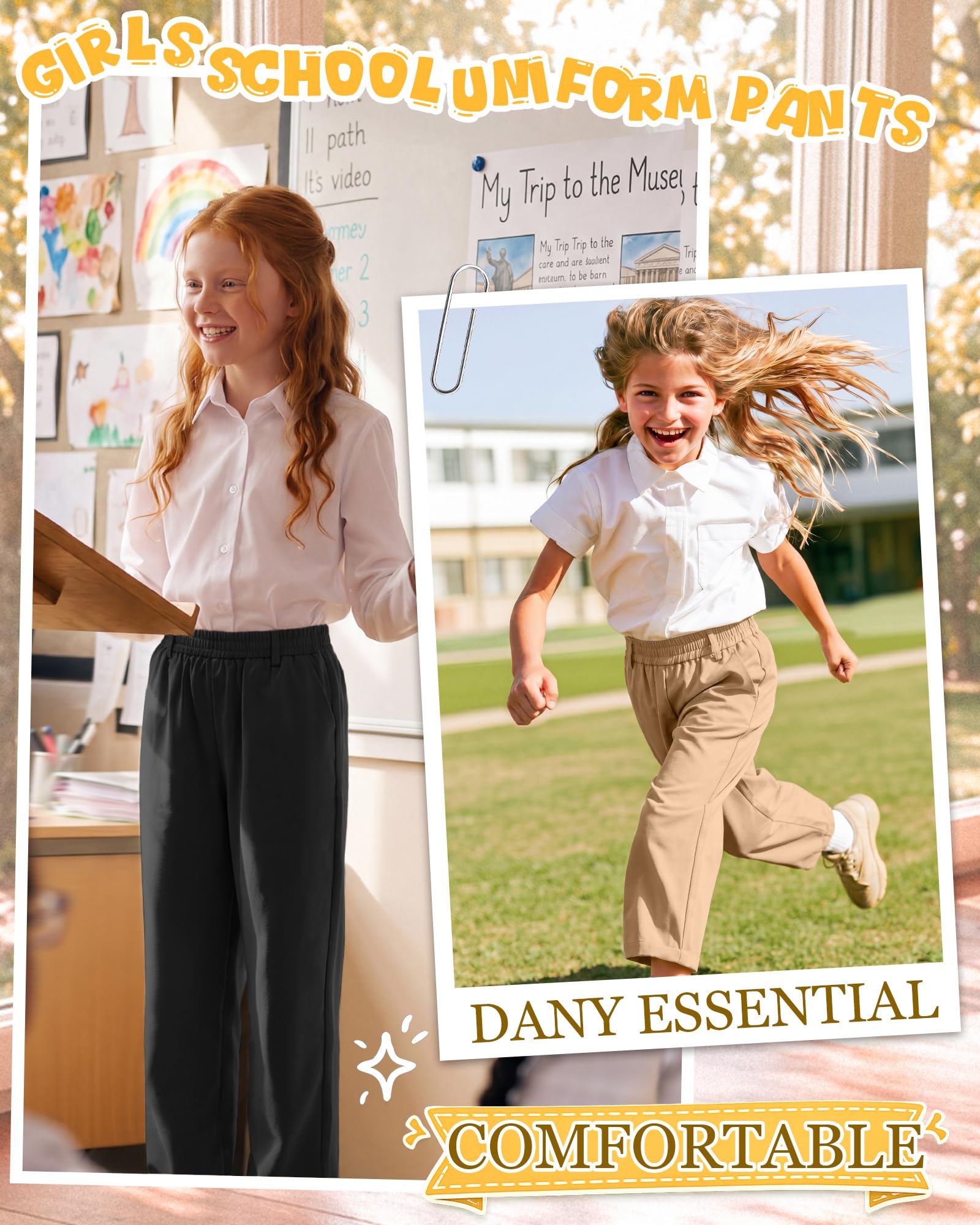 3 Pack Girls' School Uniform Pants | Kids Dress Pants, for 5-14Y Girls, Straight Fit, Elastic Waist, with Pockets, Twill Fabric, Belt Loops, Daily, School, Formal