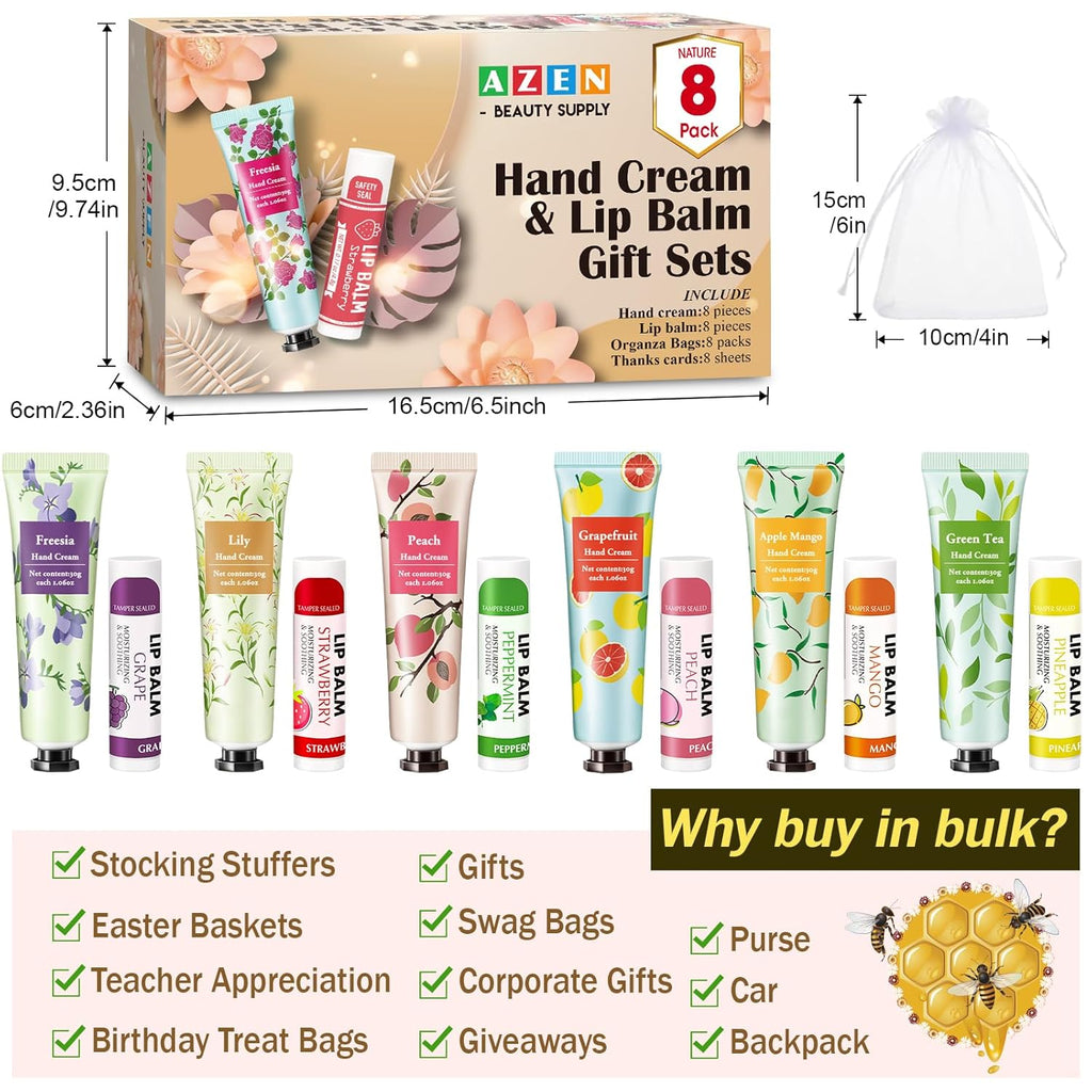 AZEN 8 Sets Bulk Gifts, Hand Cream and Lip Balm Bulk Set with Organza Bag Thank You Card, Baby Shower Wedding Gifts for Guests, Bridal Wedding Favors for Guests,Thank You Gift for Women
