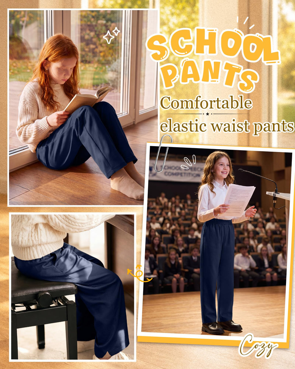 3 Pack Girls' School Uniform Pants | Kids Dress Pants, for 5-14Y Girls, Straight Fit, Elastic Waist, with Pockets, Twill Fabric, Belt Loops, Daily, School, Formal
