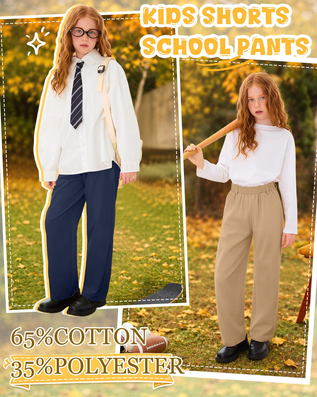 3 Pack Girls' School Uniform Pants | Kids Dress Pants, for 5-14Y Girls, Straight Fit, Elastic Waist, with Pockets, Twill Fabric, Belt Loops, Daily, School, Formal