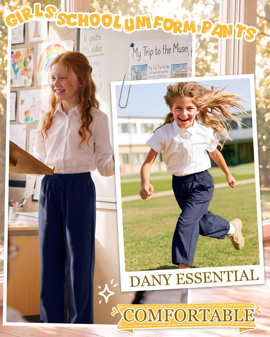 3 Pack Girls' School Uniform Pants | Kids Dress Pants, for 5-14Y Girls, Straight Fit, Elastic Waist, with Pockets, Twill Fabric, Belt Loops, Daily, School, Formal