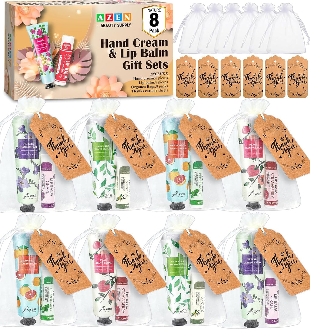 AZEN 8 Sets Bulk Gifts, Hand Cream and Lip Balm Bulk Set with Organza Bag Thank You Card, Baby Shower Wedding Gifts for Guests, Bridal Wedding Favors for Guests,Thank You Gift for Women