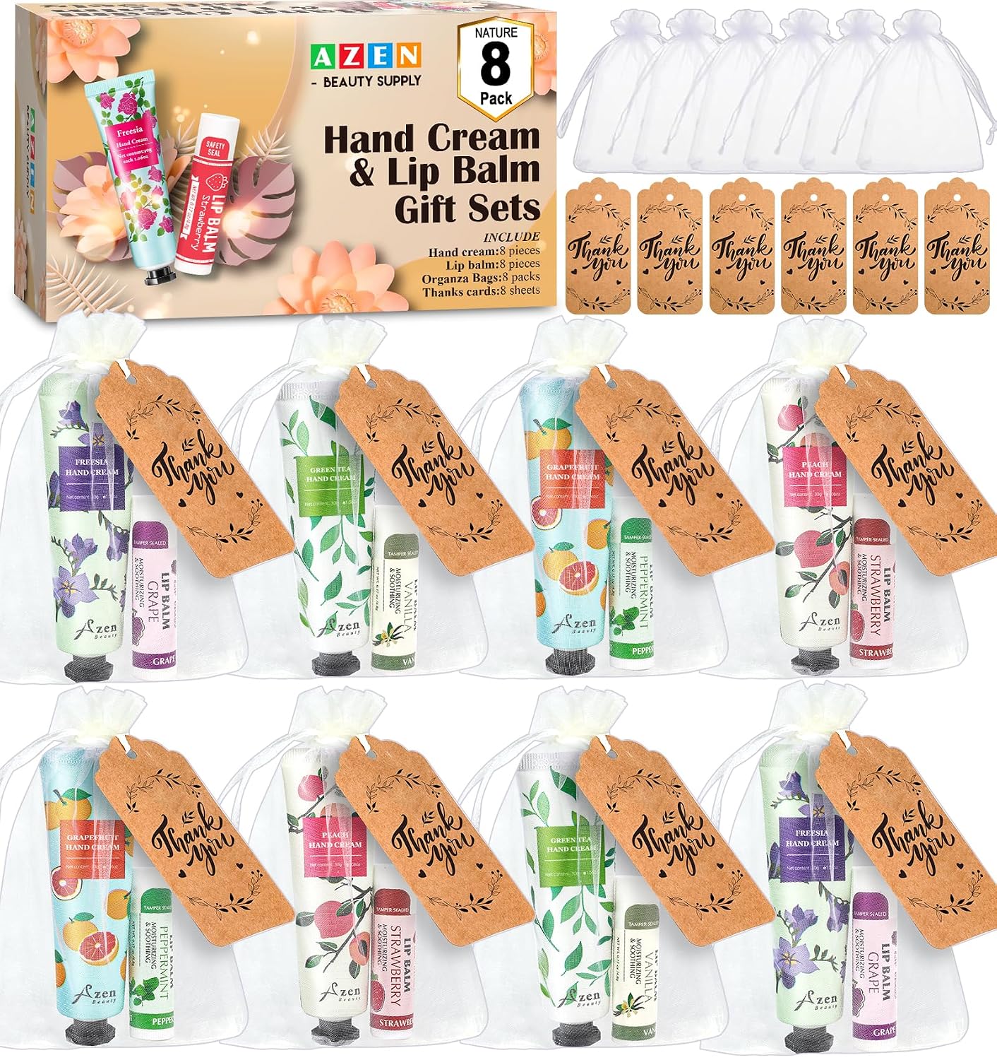 AZEN 8 Sets Bulk Gifts, Hand Cream and Lip Balm Bulk Set with Organza Bag Thank You Card, Baby Shower Wedding Gifts for Guests, Bridal Wedding Favors for Guests,Thank You Gift for Women
