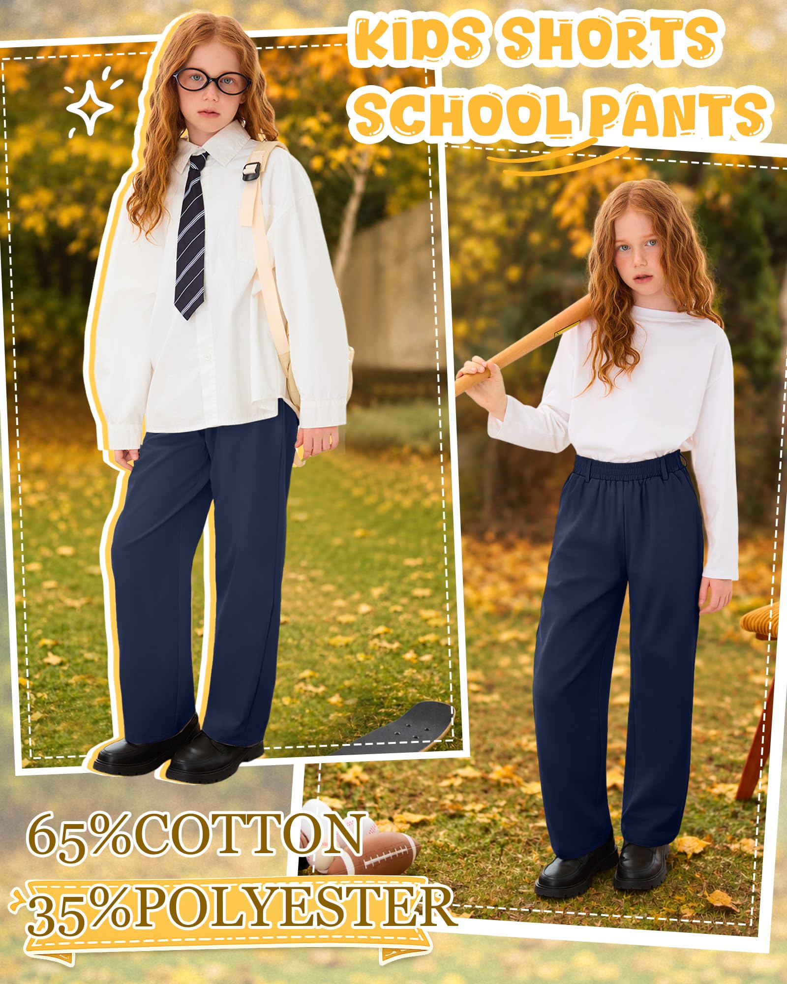 3 Pack Girls' School Uniform Pants | Kids Dress Pants, for 5-14Y Girls, Straight Fit, Elastic Waist, with Pockets, Twill Fabric, Belt Loops, Daily, School, Formal