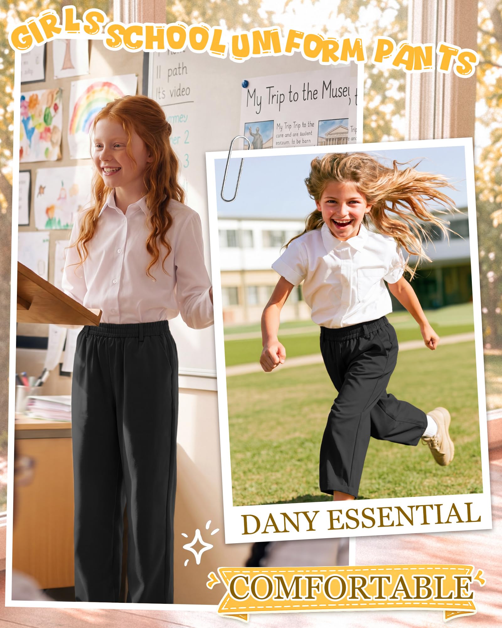 3 Pack Girls' School Uniform Pants | Kids Dress Pants, for 5-14Y Girls, Straight Fit, Elastic Waist, with Pockets, Twill Fabric, Belt Loops, Daily, School, Formal