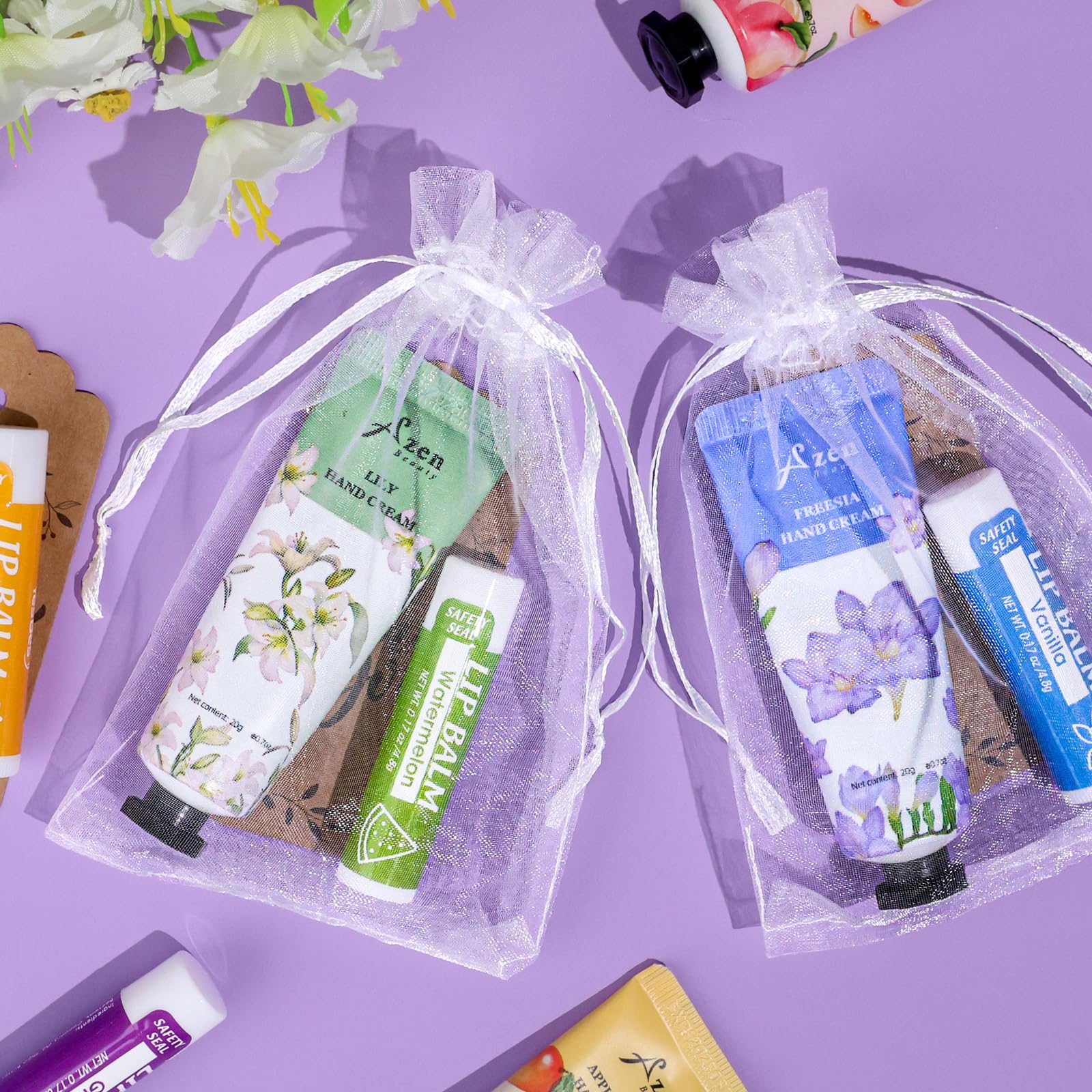 AZEN 8 Sets Bulk Gifts, Hand Cream and Lip Balm Bulk Set with Organza Bag Thank You Card, Baby Shower Wedding Gifts for Guests, Bridal Wedding Favors for Guests,Thank You Gift for Women