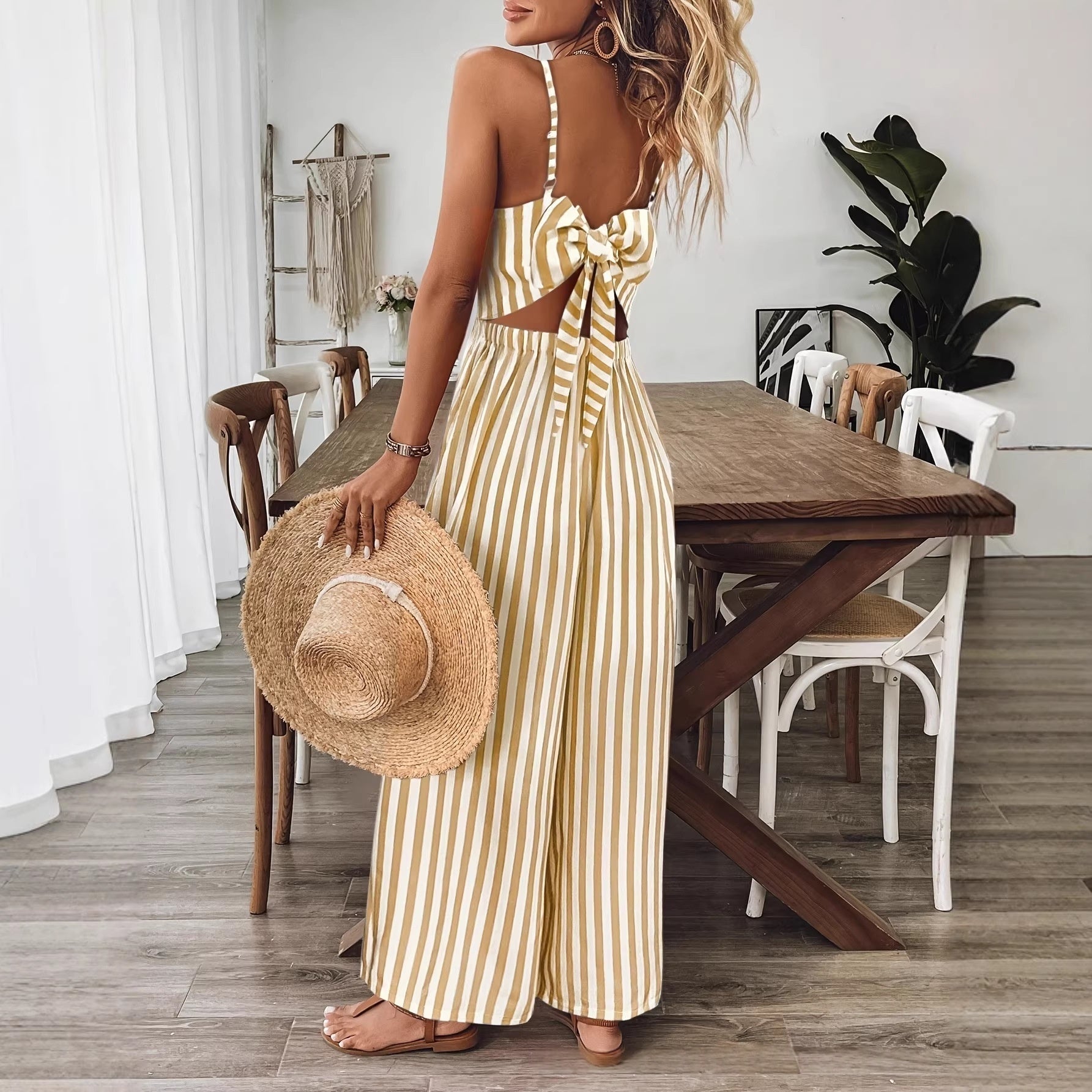 Printed Backless Sleeveless Strap Jumpsuit | Ginger Yellow