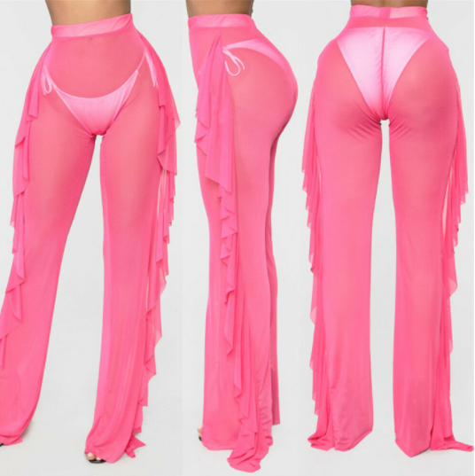 Pantalón Casual Sexy de Hilo con Volantes Unicolor Transparente para Mujer, para Vacaciones en la Playa