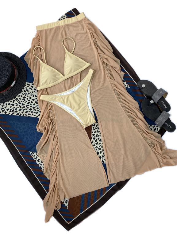 Conjunto de bikini de 3 piezas con volantes y malla, traje de baño triangular micro para mujer, traje de baño de cintura alta, traje de baño sólido sexy