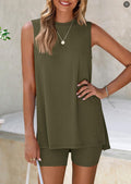 Women's Tank Top & Elastic Shorts Set – Solid Color, Sleeveless, Summer 2-Piece