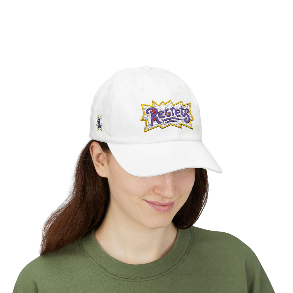 Regrets Embroidered Dad Cap - Retro Funky White Baseball Hat