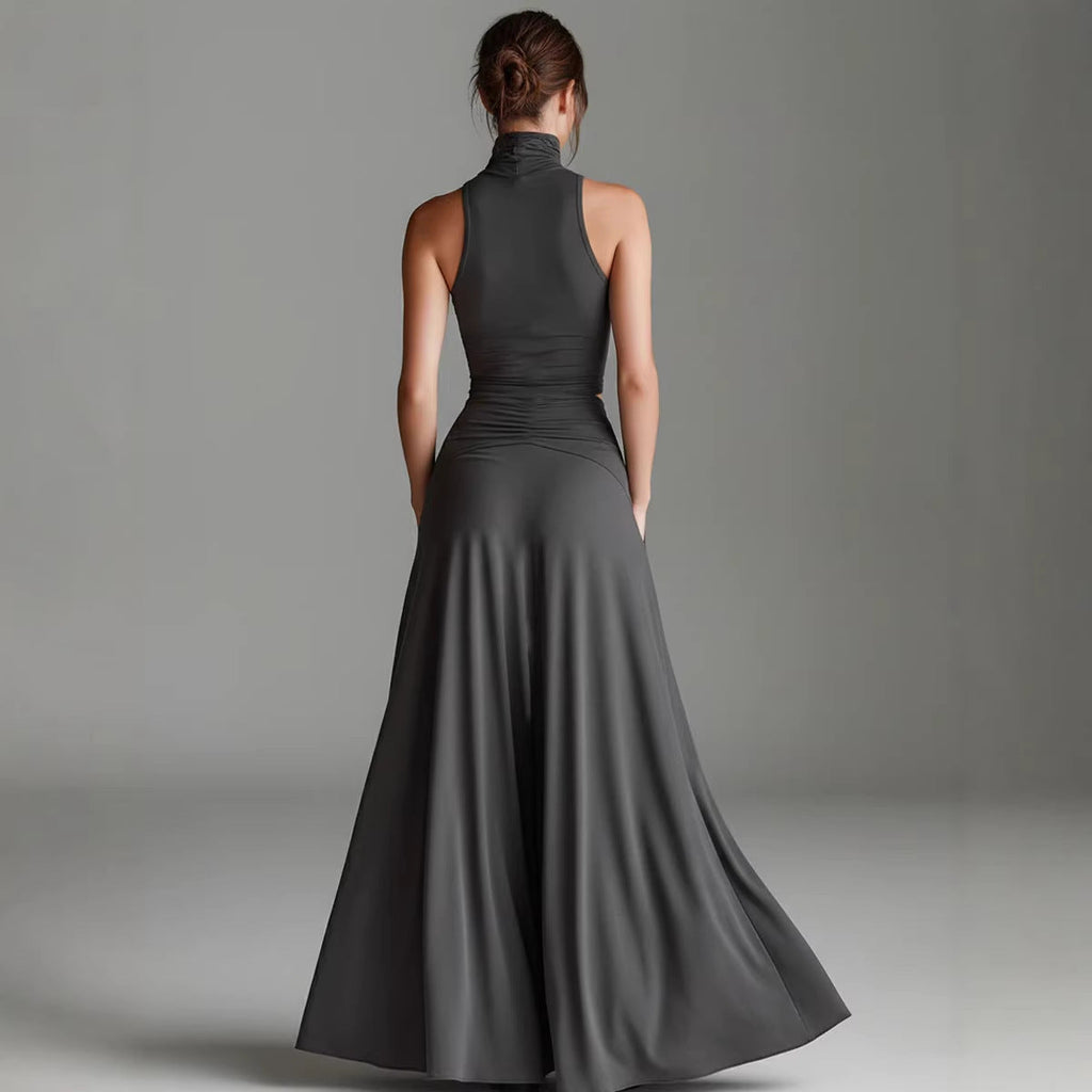 Women's Sleeveless High-Neck Top & Elegant Long A-Line Dress Two-Piece Set