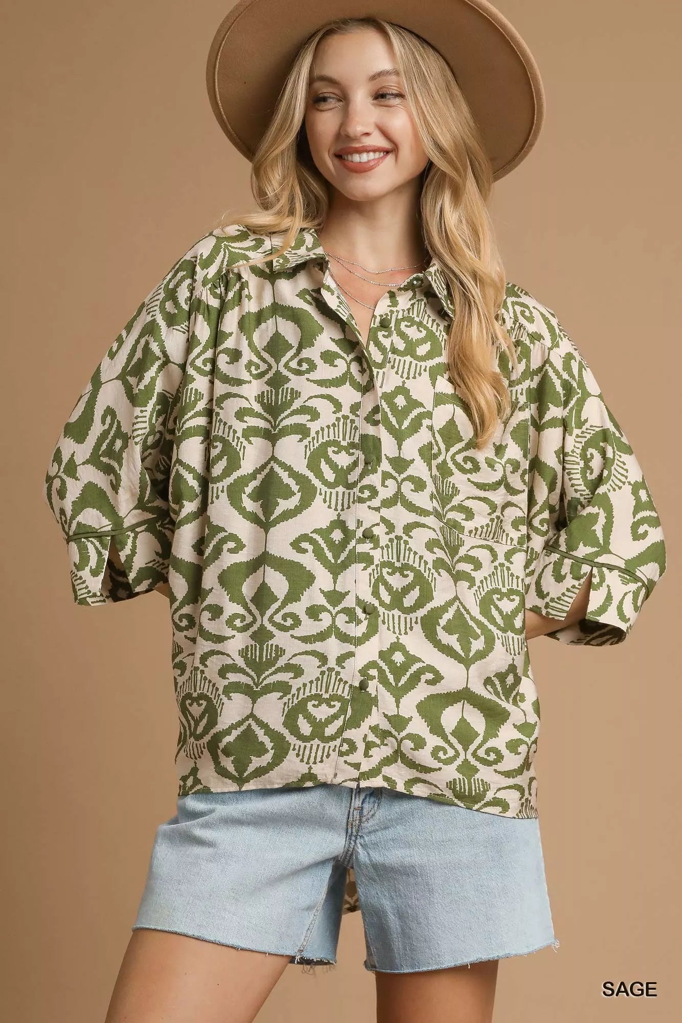 Umgee Abstract Print Button-Up Oversized Shirt