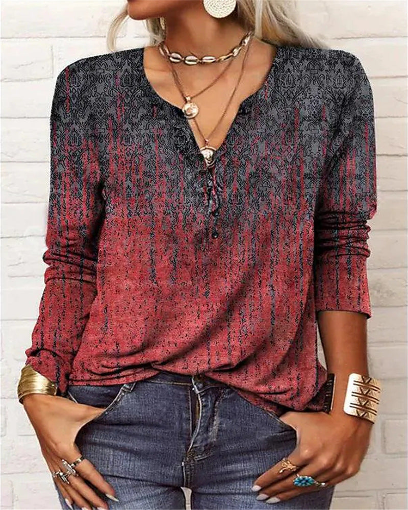 Women's Ethnic Print V-Neck Long Sleeve Loose T-Shirt