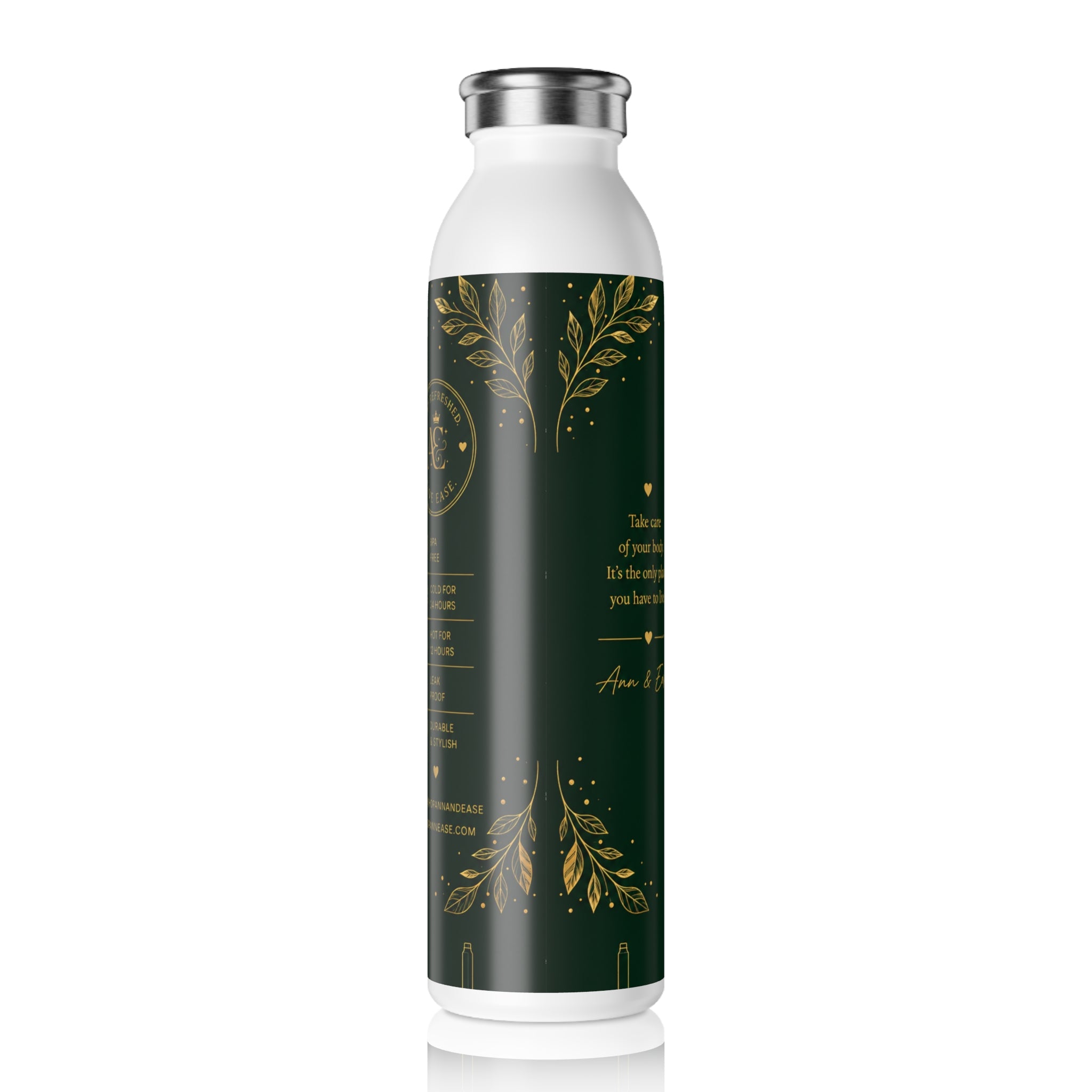 Monogram Slim Water Bottle — Elegant Green & Gold Personalized Bottle