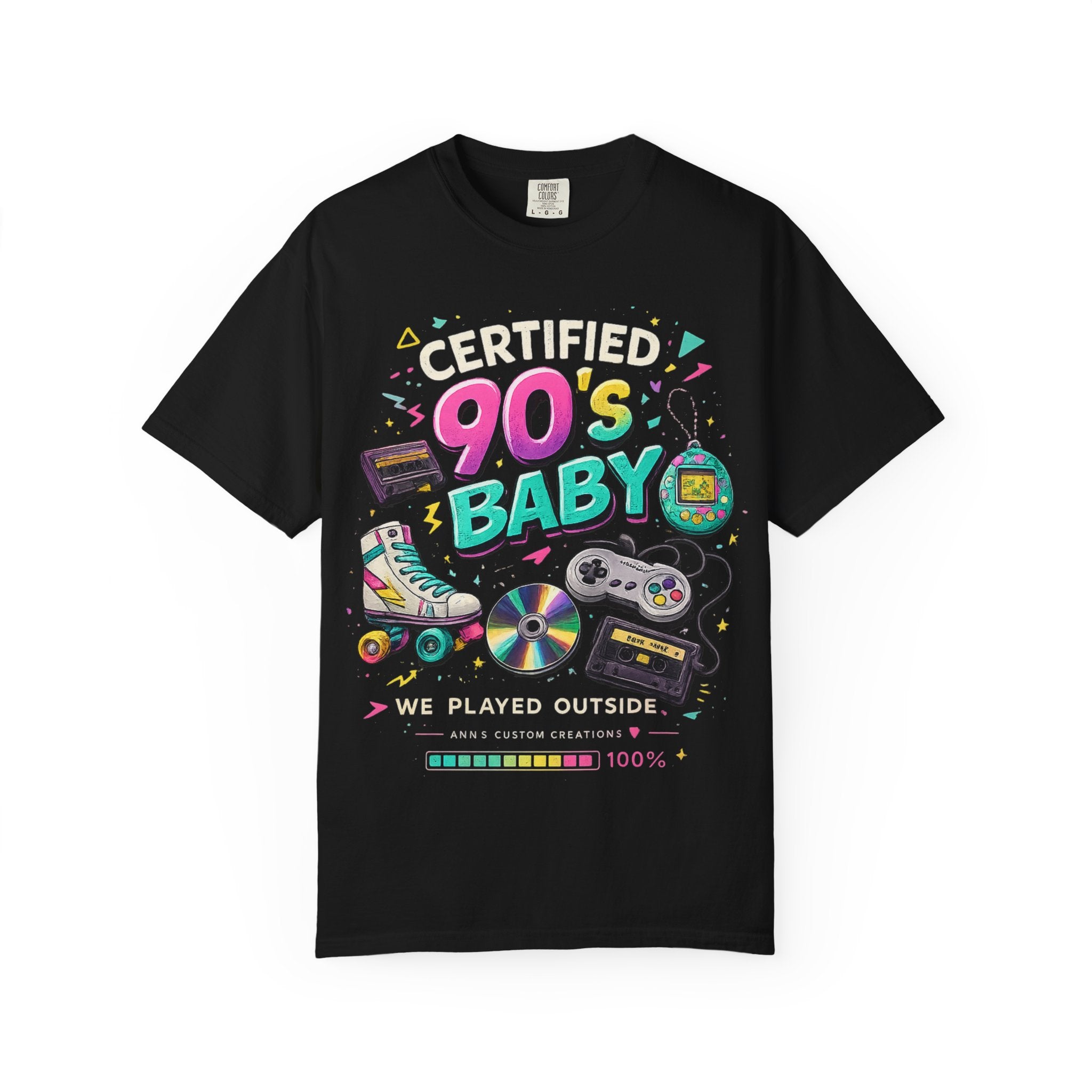 90's Baby T-Shirt — Retro 90s Nostalgia Tee with Cassette, Gamepad & Rollerblade Graphics
