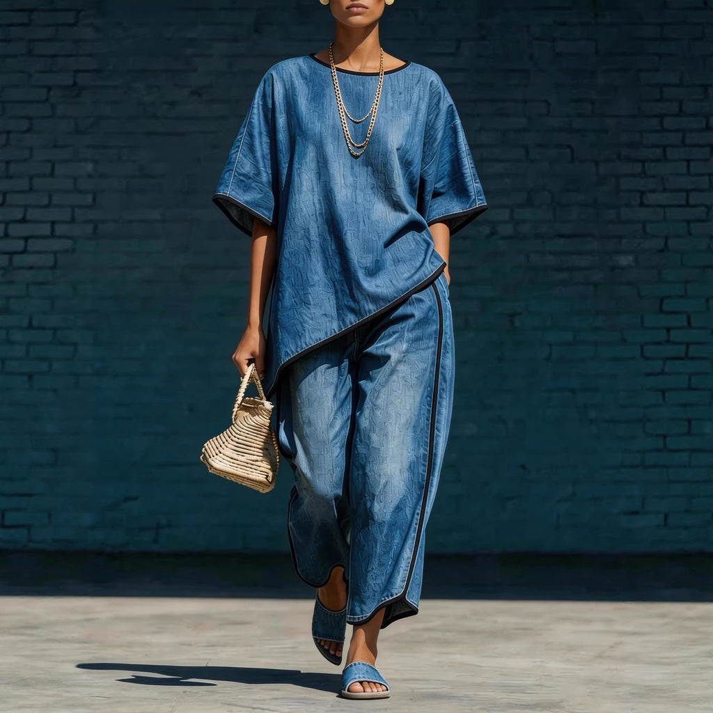 Women's Denim-Style Knit Top & Wide-Leg Pants Set – Casual 2-Piece