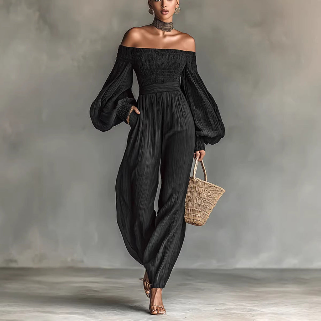 Women's Off-Shoulder Lantern Sleeve Pleated Loose Jumpsuit