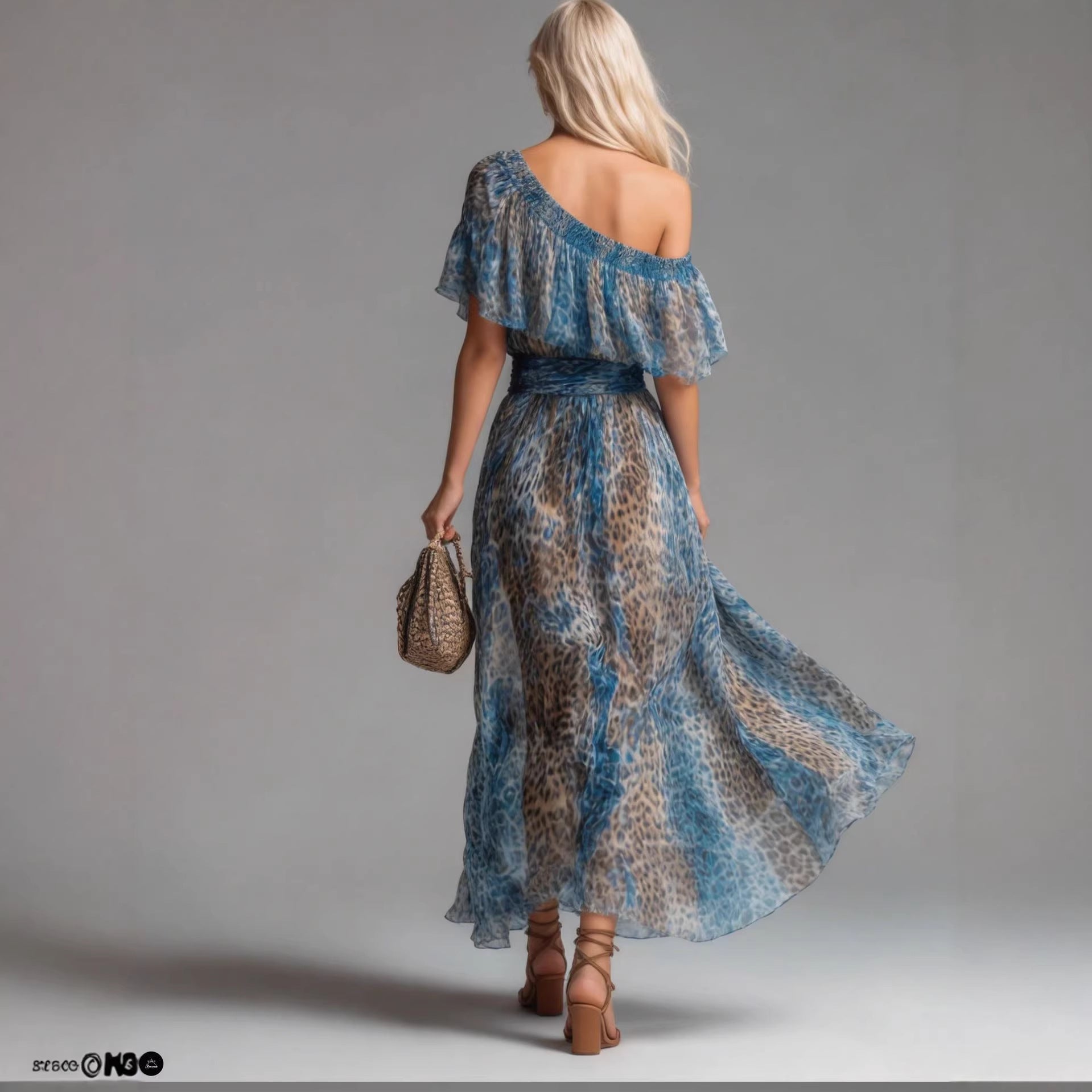 Peacock Blue Leopard Print Chiffon Off-Shoulder Dress – Boho A-Line