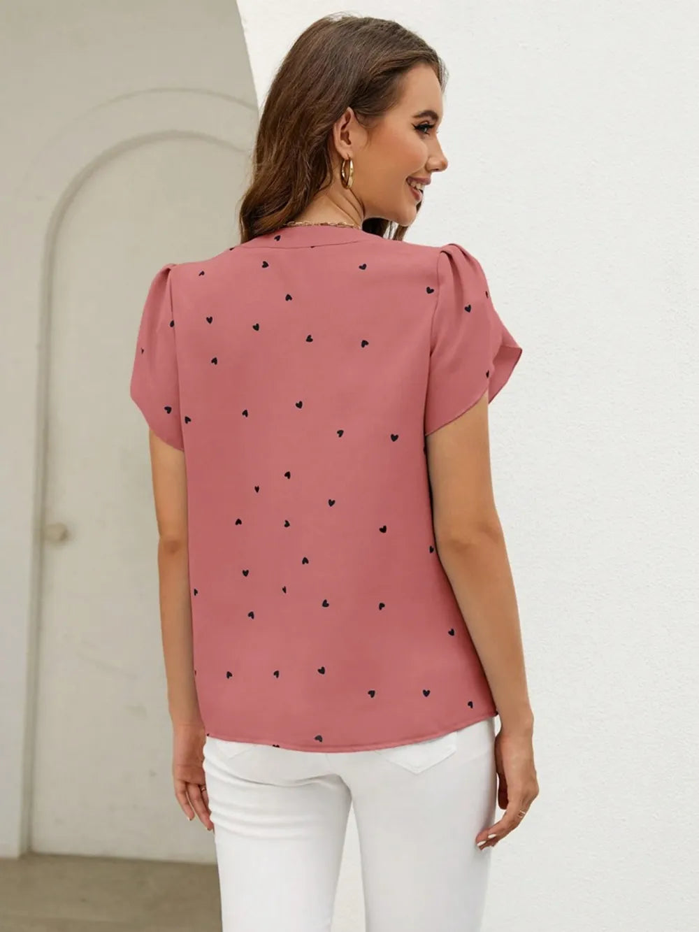 Women's V-Neck Heart Print Blouse – Petal Sleeve Pleated Front Elegant Top