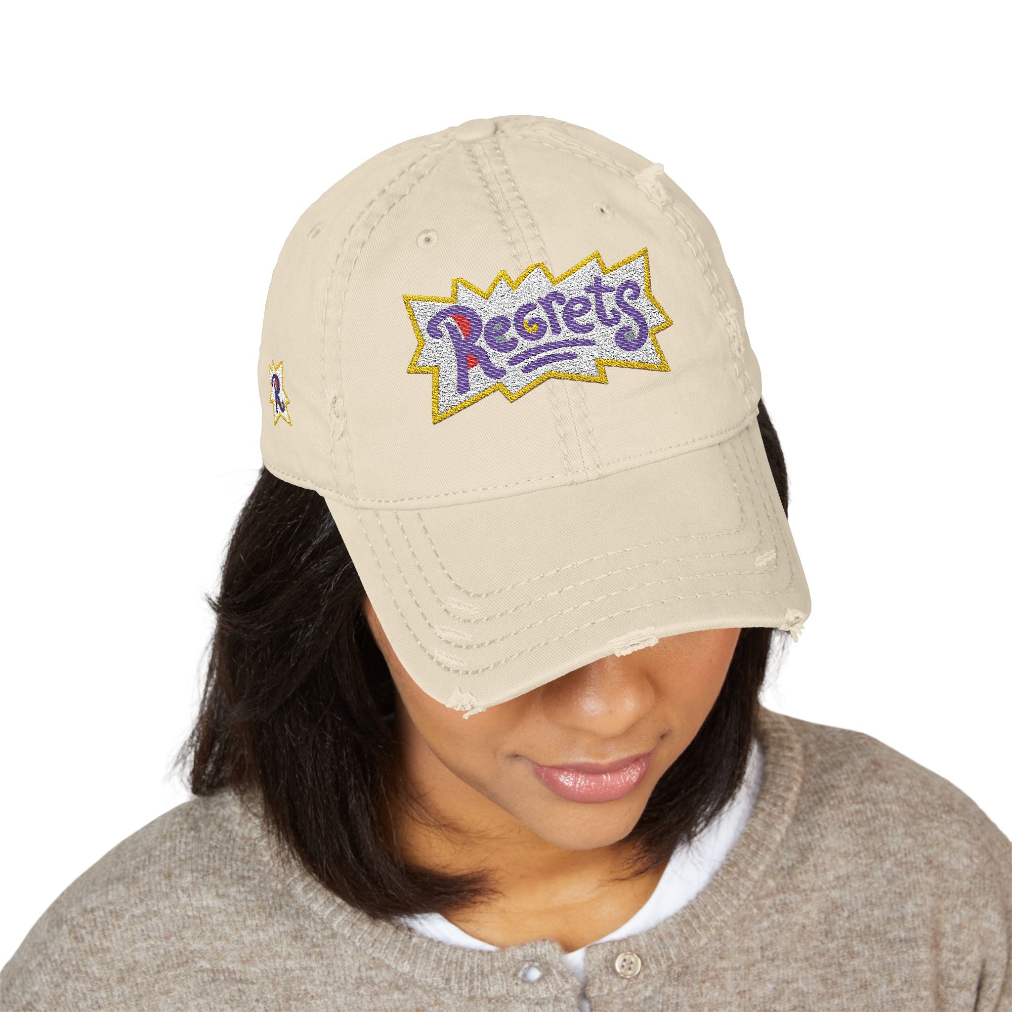 Distressed Embroidered 'Regrets' Dad Hat - Vintage Streetwear Cap