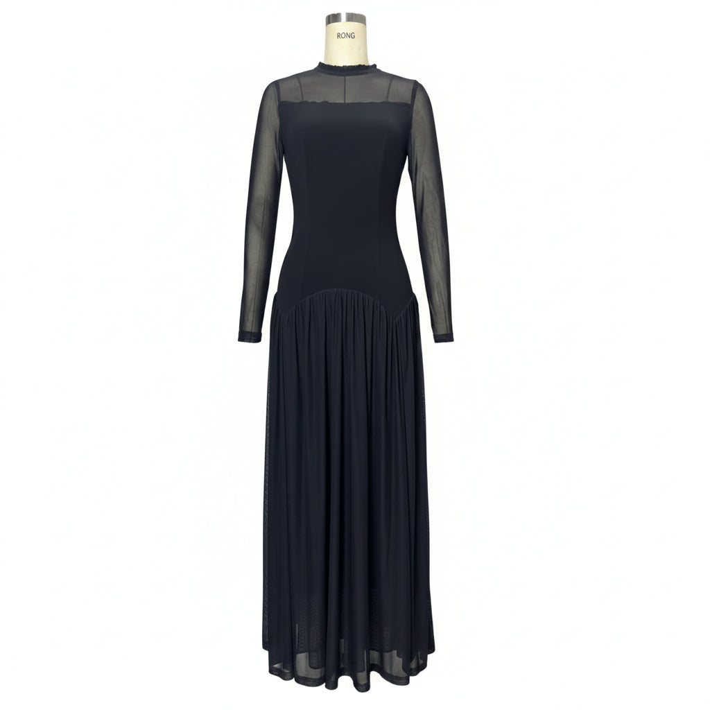 Women's Black See-Through Mesh Long Sleeve Maxi Dress – Elegant Sheer Overlay Gown