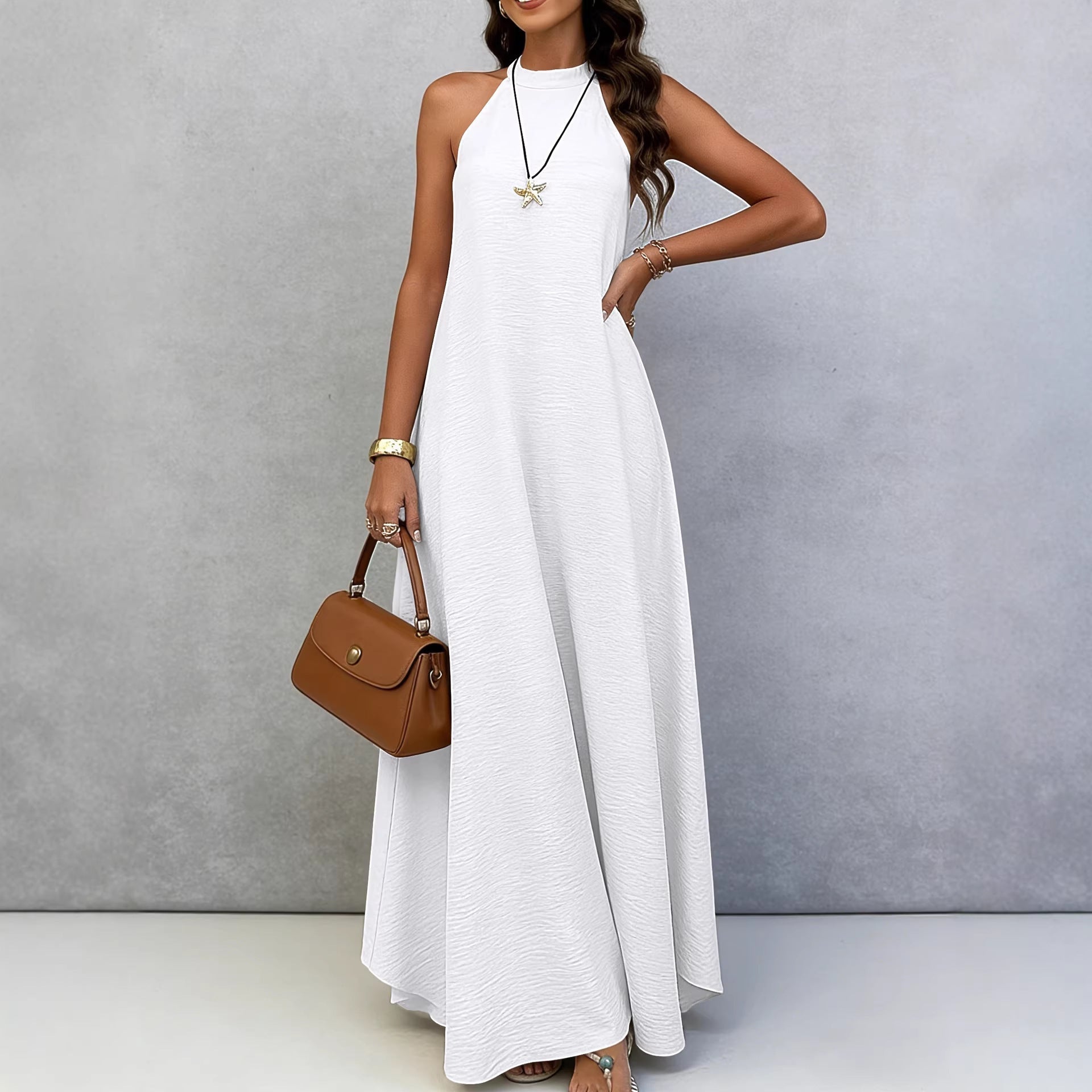 Women's Ice Silk Crinkle Sleeveless Swing Maxi Dress