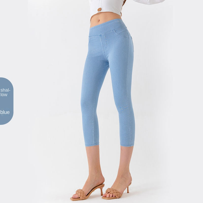 Denim-Look Capri Yoga Pants – Slim Fit High-Elastic Tummy Control Fitness Pants