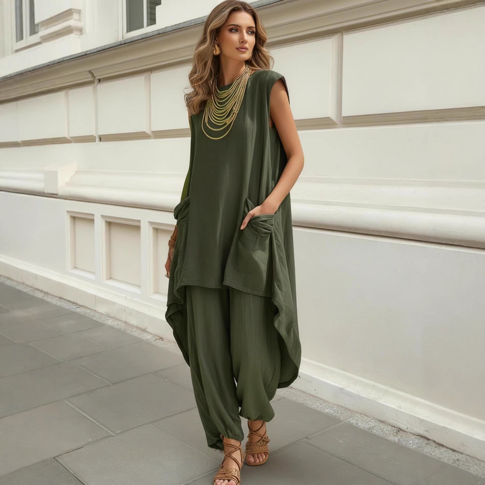 Sleeveless 3D-Cut Resort Two-Piece Set | Top & Pants